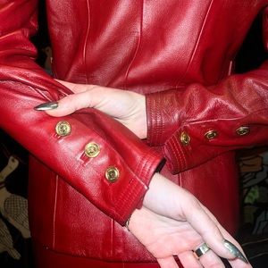 Chanel Vintage Red Leather Skirt Suit